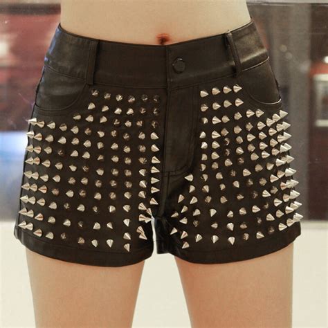 Spring And Summer Womens Fashion Metal Rivet Spike Pu Leather Shorts Female Rivet Short Pants