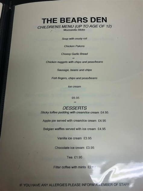 Menu at The Bears Den cafe, Brora