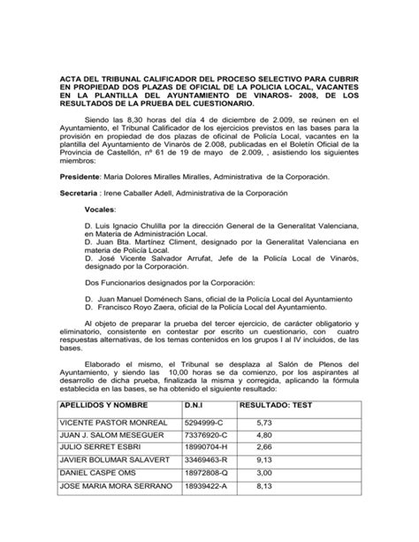 Acta Del Tribunal Calificador Del Proceso Selectivo Para Cubrir En