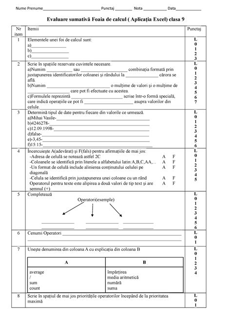 Evaluare Sumativ Foaia De Calcul Clasa Nume Prenume