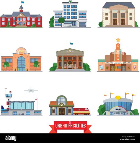 Set Of 9 Flat Design Urban Facilities And Public Buildings Stock Vector