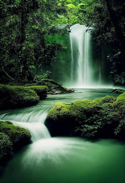 Disparo Horizontal De Una Hermosa Cascada Intacta En El Bosque Verde 3d