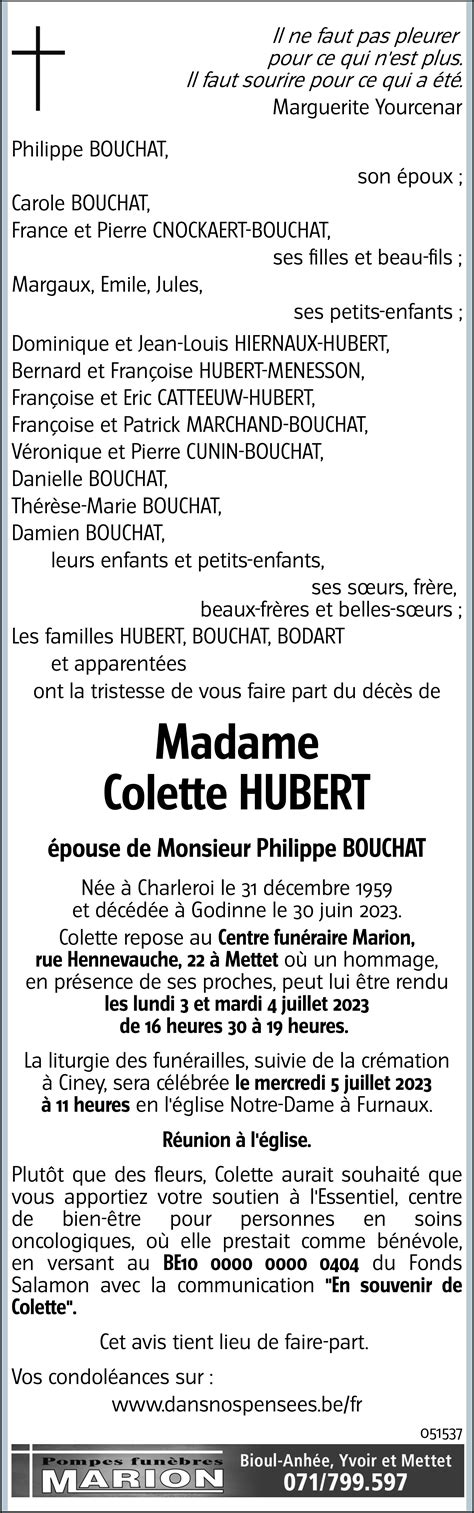 Colette HUBERT 30 06 2023 Avis nécrologique lavenir net