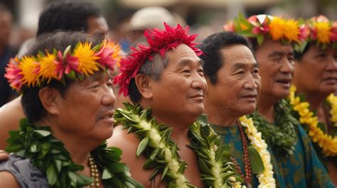 Fondo Hombres Hawaianos Parados En Una Fila Con Diademas De Flores