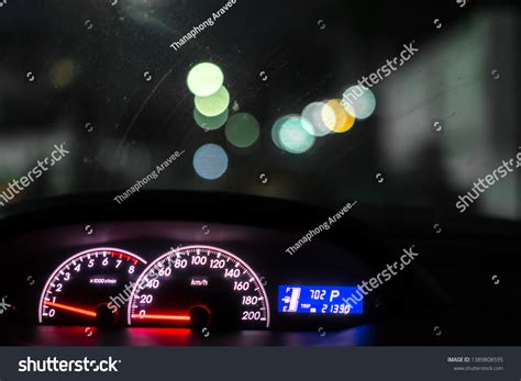 Car Speedometer Panel Illuminated Car Dashboard Stock Photo 1389808595