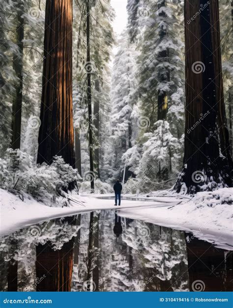 Winter Walk in Giant Redwood Forest Covered in Snow Stock Illustration ...