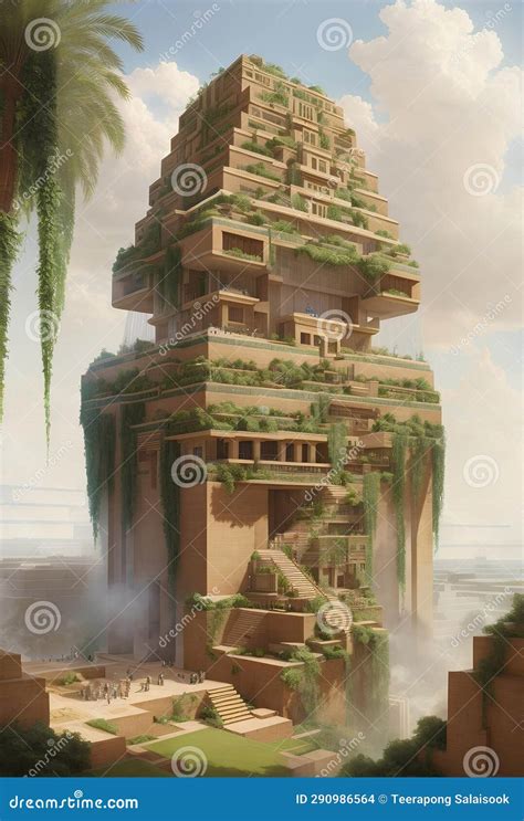 A Great Ziggurats with Hanging Gardens of Babylon Stock Illustration - Illustration of river ...