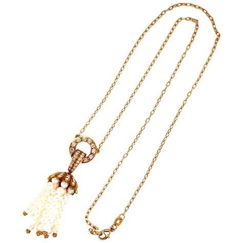 Pearl Diamond Tassel Drop Pendant Necklace 18 Karat Yellow Gold For Sale At 1stdibs