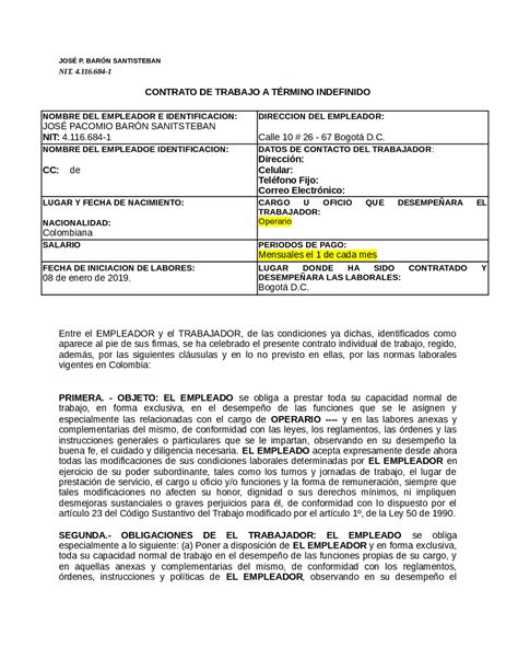 Modelo Contrato Indefinido Contrato De Trabajo A Termino Indefinido