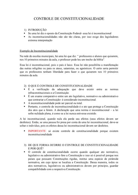 DIREITO CONSTITUCIONAL I Controle De Constitucionalidade CONTROLE