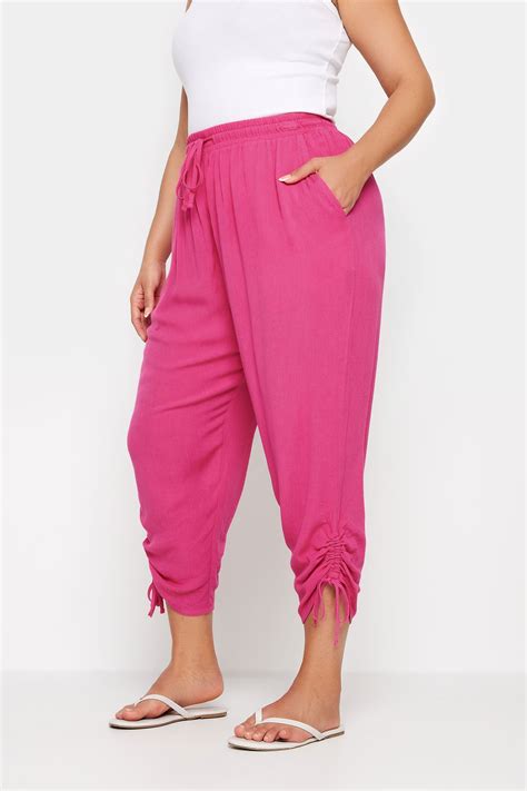 Yours Plus Size Pink Crinkle Ruched Cropped Trousers Yours Clothing