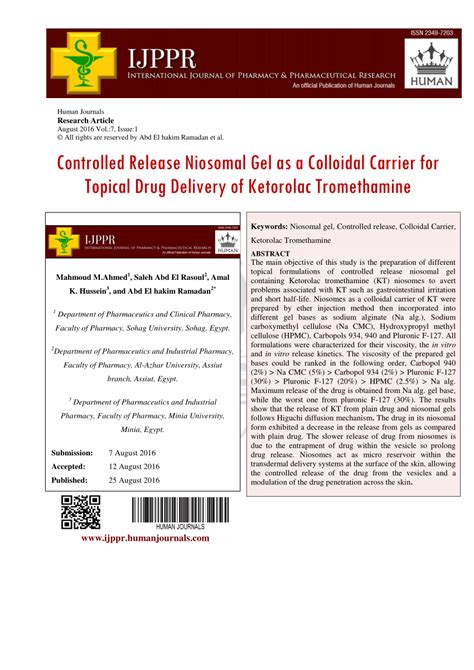 Pdf Controlled Release Niosomal Gel As A Colloidal Carrier For