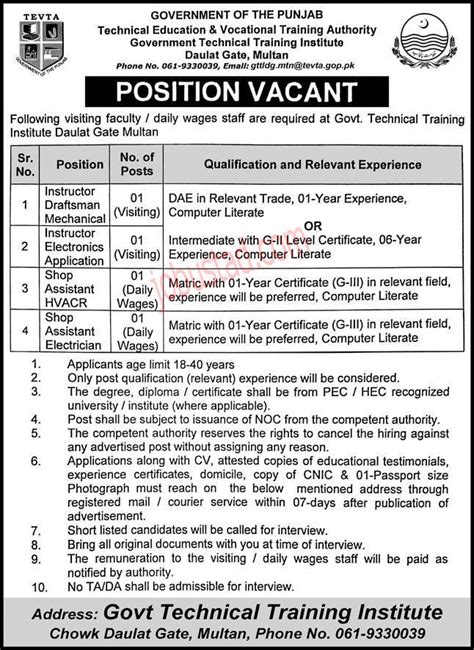 TEVTA Jobs In Punjab 2023 Latest Advertisement