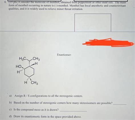 Solved 8. (19 pts.) Consider the molecule of menthol, | Chegg.com