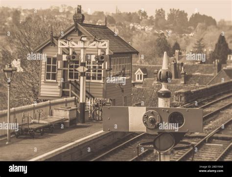 Old Fashioned Sepia Photograph Of Vintage Railway Signal Bewdley Train