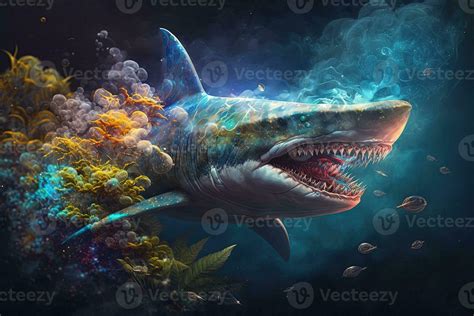 ferocious great white shark attack with smoke underwater illustration ...