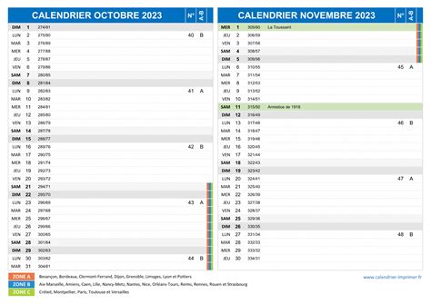 Calendrier Octobre et Novembre 2023 à imprimer