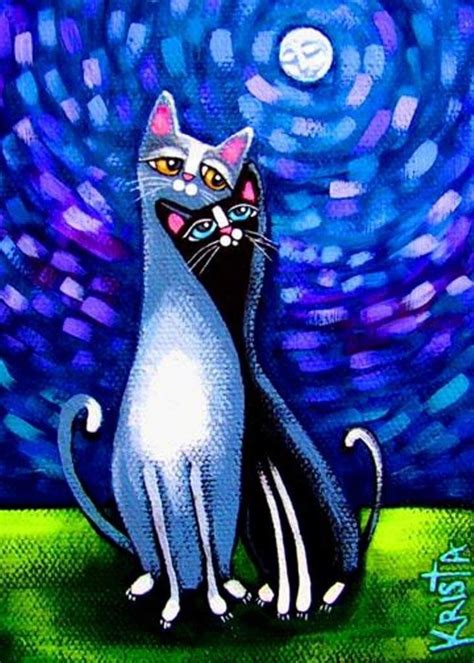 Xyz1 Cats In Art Ii Cats At Night By Krista Smith Cat Painting Folk Art Cat Whimsical Art