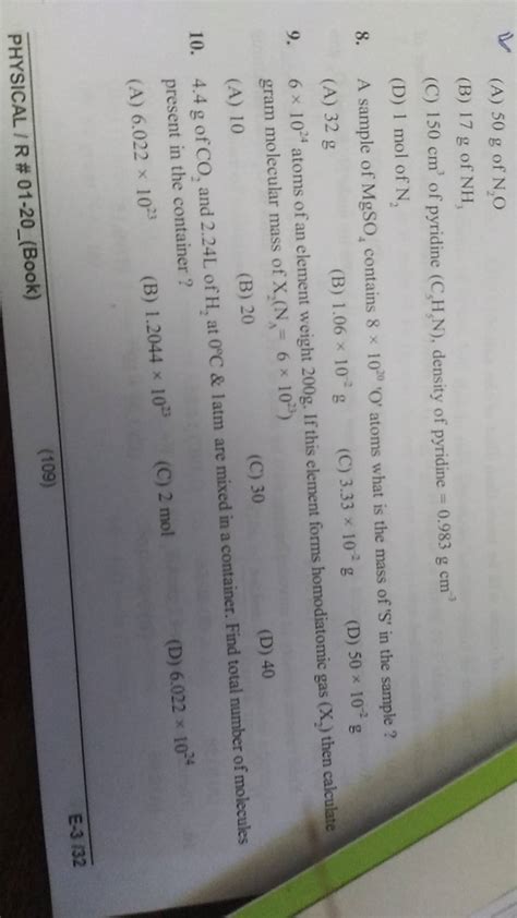 A sample of MgSO4 contains 8×1020 ' O′ atoms what is the mass of ' S ' i..