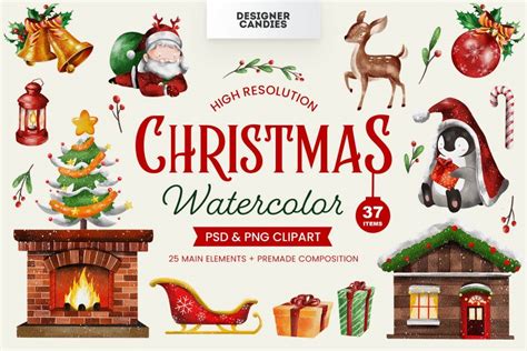 Christmas Watercolor Clipart Design Cuts