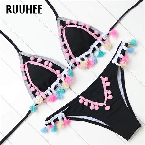 Ruuhee Bikinis Women Sexy Padded Cheeky Macrame Lace Bikini Set Two