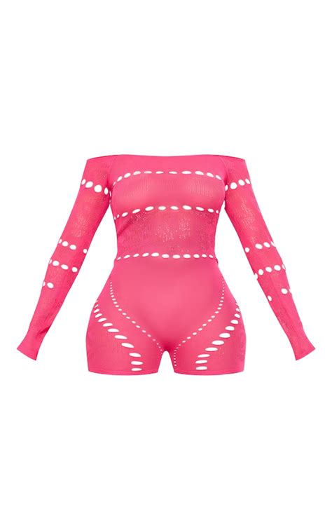 Shape Pink Knit Sheer Bardot Unitard Shape Prettylittlething Usa