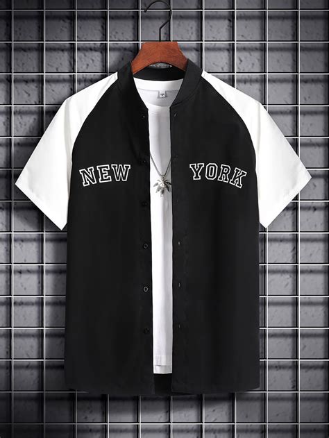 Men Letter Graphic Colourblock Raglan Sleeve Baseball Collar Shirt