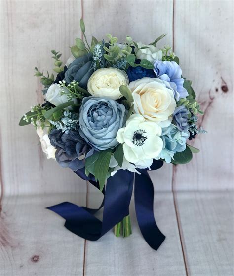 Dusty Blue And Navy Blue Bouquet Silk Wedding Flowers Dusty Blue