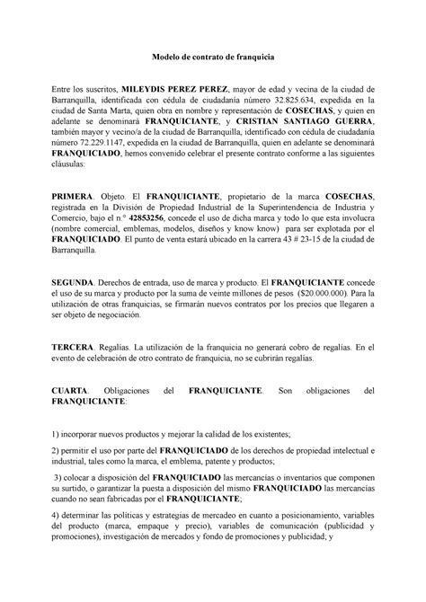 Contrato De Franquicia Copia Modelo De Contrato De Franquicia Entre