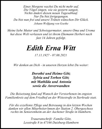 Traueranzeigen Von Edith Erna Witt Trauer In Nrw De