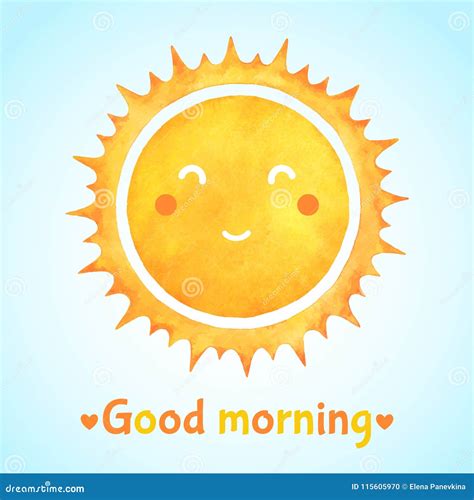 Good Morning Watercolor Illustration With Smiling Sun Stock Vector