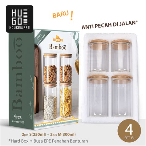 Jual HUGO Toples Kaca Set 4 Pcs Toples Kue Kedap Udara Tutup Bambu