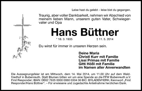 Traueranzeigen Von Hans B Ttner Trauer Nn De