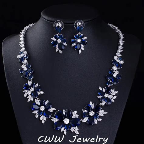 Cwwzircons Blue Cz Bridal Jewelry Big Cubic Zirconia Stone Flower