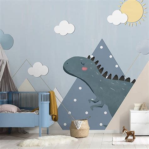 Full Illustration Simple Wall Mural Kids Bedroom Cartoon Dinosaur In