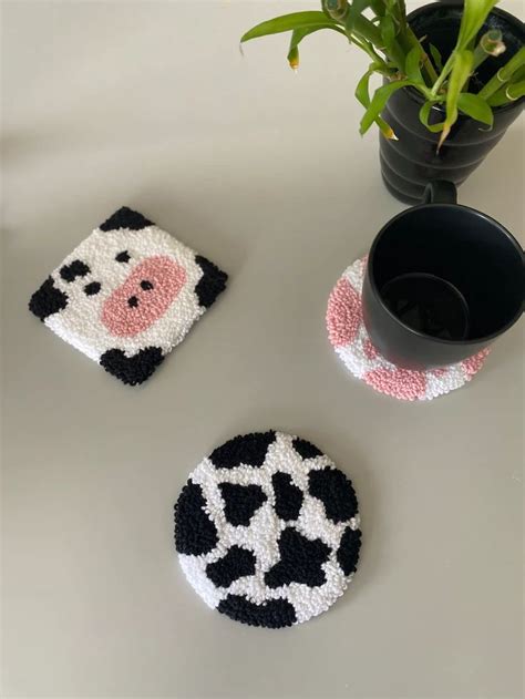 Punch Needle Cow Pattern Coaster 5 Drink Coaster Kitchen And Dining