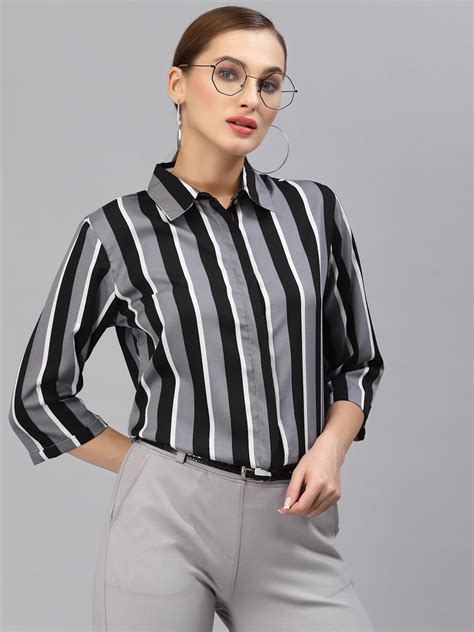 Style Quotient Women Grey And Multi Stripe Poly Moss Regular Formal Sh