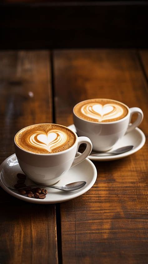 Two Coffee Cups Placed Close Together With Latte Art Hearts Drink Mug