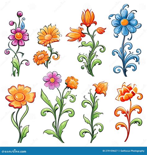 Set of Cute Flowers Cartoon Characters Stock Illustration - Illustration of garden, banner ...