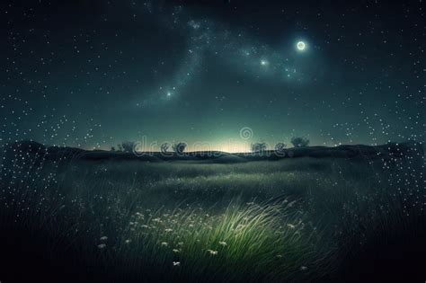 Grassland At Night With Stars Meadow Scene At Night With A Starry Sky Stock Illustration