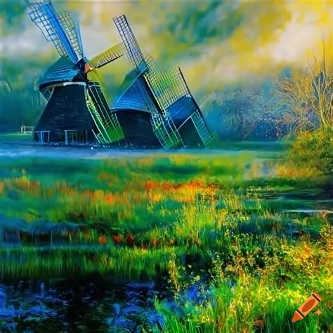 Detailed Painting Of A Dutch Windmill In A Lush Garden On Craiyon