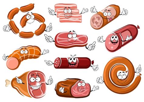 Dessin animé saucisses bacon steak et rôti de boeuf Vecteur Premium