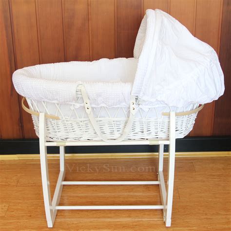 White Baby Wicker Basket Bassinet With Side Rocking Stand