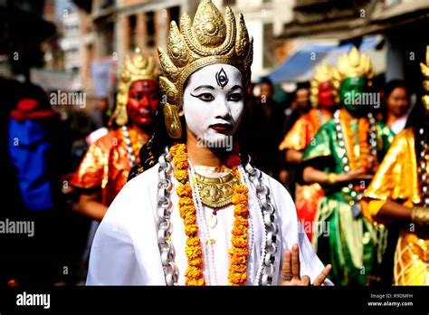 A Woman From Newar Community Seen In Traditional Attire Dressed As A Goddess During The Festival