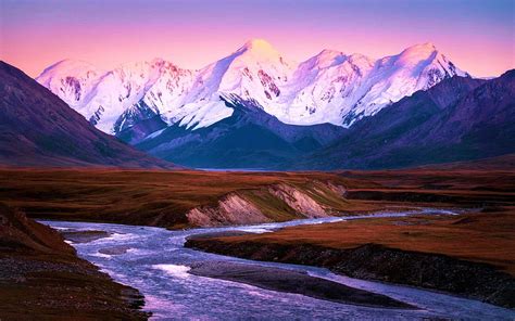 Border Of Kyrgyzstan China Peaks River Sky Landscape Sunset Hd