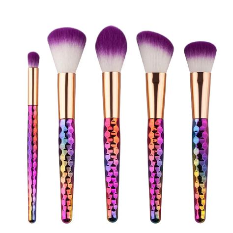 5pcs Purple Makeup Brushes Set Honeycomb Rainbow Handle Cosmetic Foundation Eyshadow Blusher