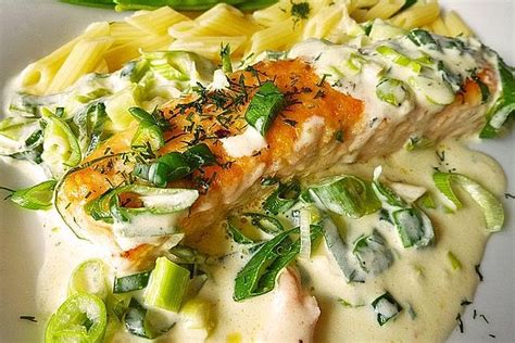 Lachs in Frühlingszwiebel Sahne Sauce Beste Essen