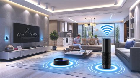 Modern Living Room With Smart Home Technology Person Interacting With