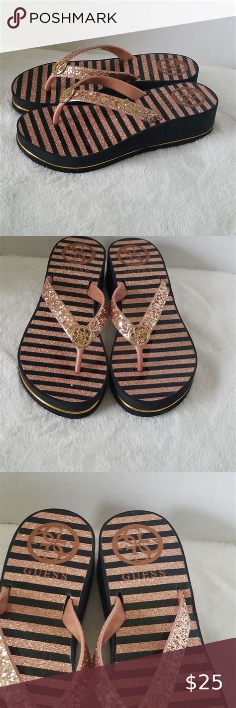 Guess Enzy Striped Patform Glitter Flip Flops Glitter Flip Flops