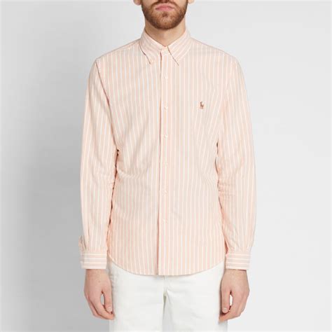 Polo Ralph Lauren Pin Stripe Button Down Oxford Shirt Tangerine And White